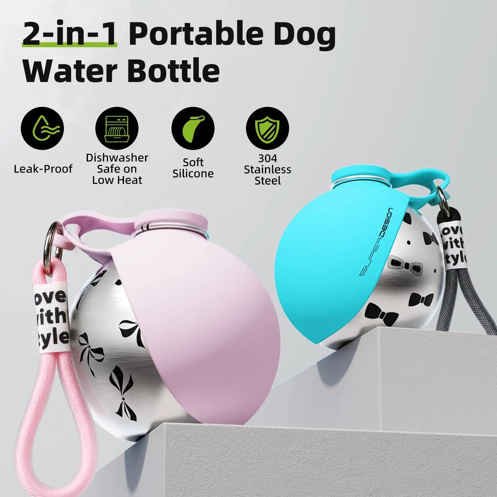 2-in-1 Portable Dog Water Bottle — Leak-Proof Stainless Steel Travel Bottle for Dogs