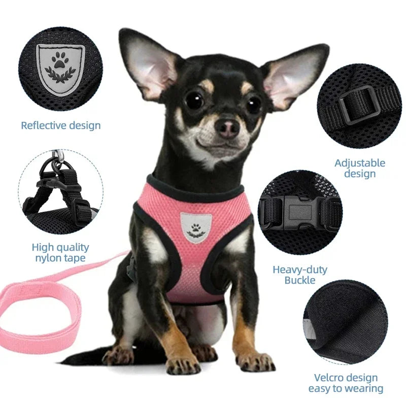 Adjustable Pet Harness Vest with Leash — Soft Reflective Harness for Cats & Small Dogs