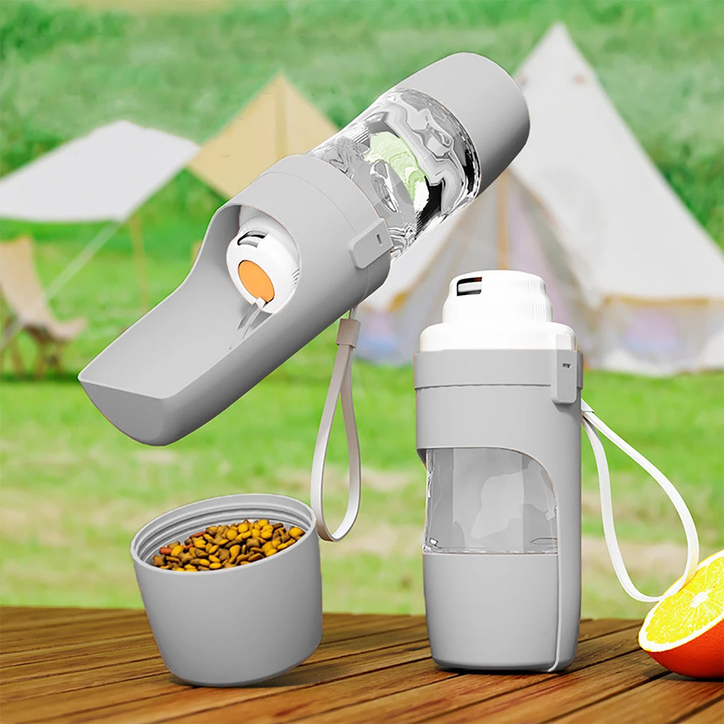 Portable Pet Water Bottle with Food Storage — 2-in-1 Travel Feeder for Dogs & Cats
